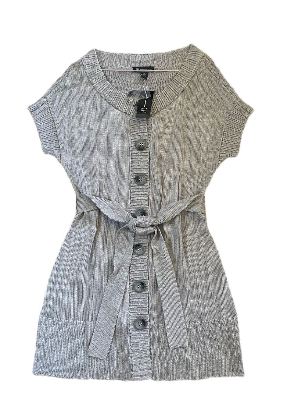 NWT INC International Concepts Gray Knit Button-Up Dress with Tie Belt Size L